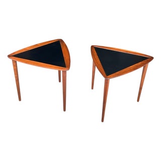 1960s Pair of Restored Danish Modern Teak & Black Laminate Triangle Side Tables – Mid-Century Accent Set For Sale