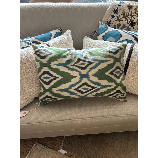 Silk Green and Blue Ikat Pillow For Sale - Image 4 of 7