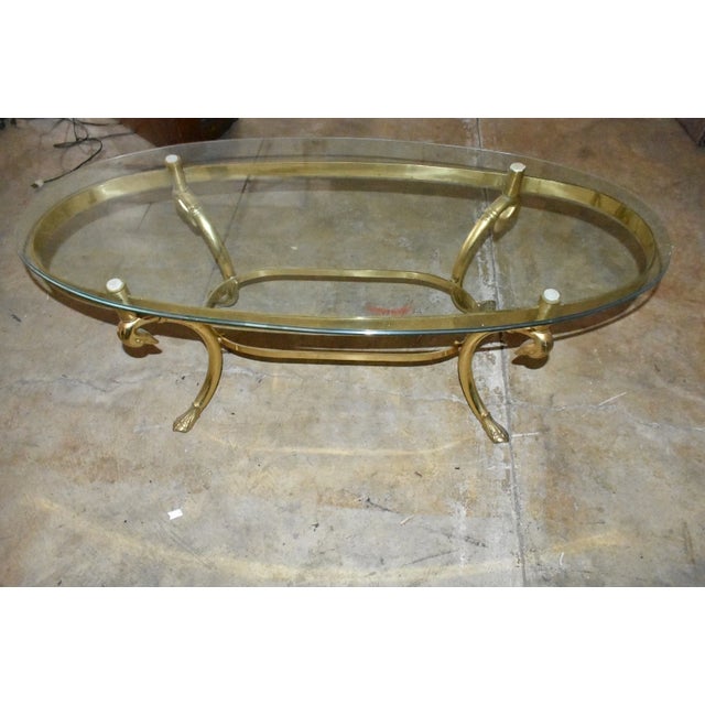 Glass 1960s Vintage Hollywood Regency Brass Swan Glass Coffee Table – Mid Century Oval For Sale - Image 7 of 10
