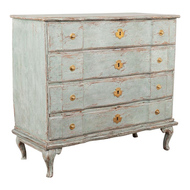 Large Blue Painted Oak Chest of Four Drawers, Sweden Circa 1820-40 For Sale