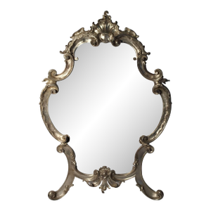 Hollywood Regency Large Italian Rococo Easel Back Table Mirror in Silver Metal