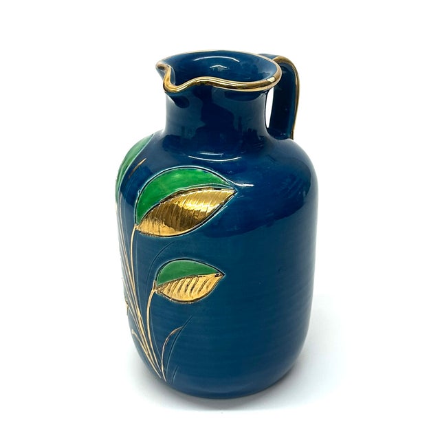 Mid-Century Modern Mid 20th Century Stunning Blue Green & Gold Ceramic Pitcher With Leafy Motif by Aldo Bitossi for Rosenthal For Sale - Image 3 of 13