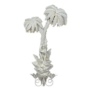 Vintage Florida Regency White Lacquered Palm Tree & Monkey Candle Wall Sconce For Sale