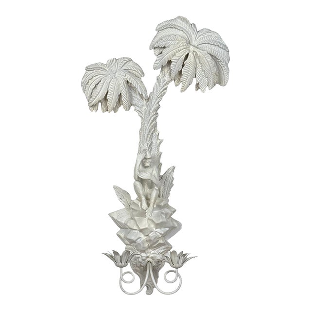 Vintage Florida Regency White Lacquered Palm Tree & Monkey Candle Wall Sconce For Sale
