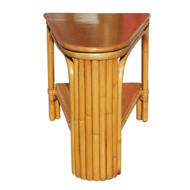 Mid-Century Modern Restored Two-Tier Rattan Wedge Table W/ Mahogany Top For Sale - Image 3 of 6