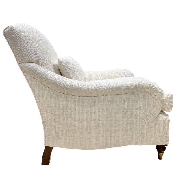 Pair of Pearl White Bouclé Armchair With Rolled Arms and Brass Casters For Sale - Image 4 of 6
