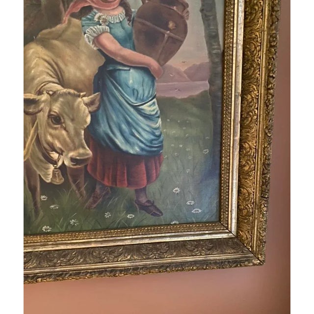 19th Century Oil on Canvas, Painting of a Cow and a Maiden Holding a Container For Sale In Chicago - Image 6 of 13