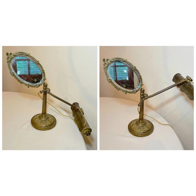 Rare Antique Ornate Dépose Brass Adjustable Vanity Mirror Desk Lamp Combo For Sale - Image 9 of 12