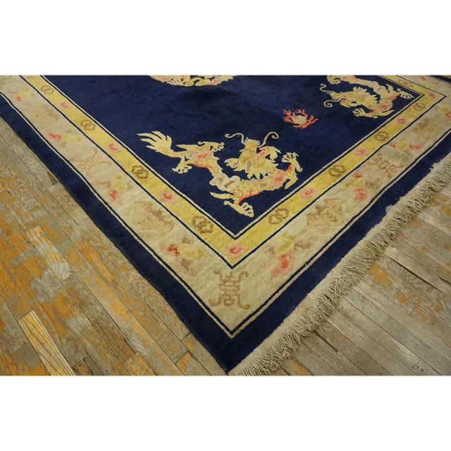 Textile 1930s Blue Navy Dragon Traditional Antique Chinese Peking Rug 8' X 10'10" Rug For Sale - Image 7 of 9