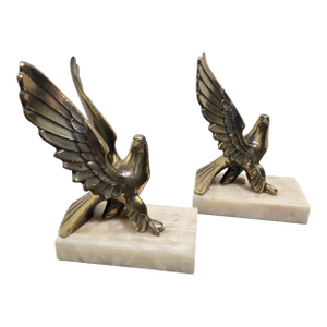 Vintage Mid 20th Century Art Deco Style Brass Eagles Bookends Marble Base - a Pair