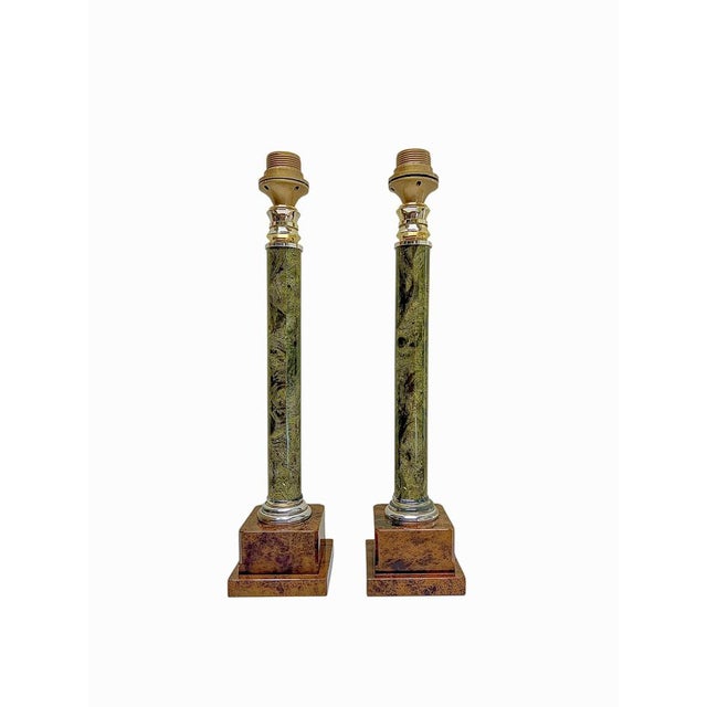 A set of rare column table lamps, made entirely of some kind of plastic or acrylic, but with a marble-pattern with faux-...