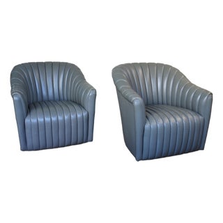 Vintage Pair of Gray Leather Channel-Tufted Club Chairs by Martin/Brattrud, 1987 For Sale
