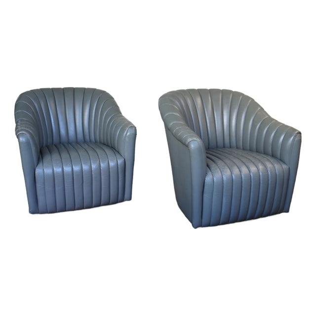Vintage Pair of Gray Leather Channel-Tufted Club Chairs by Martin/Brattrud, 1987 For Sale
