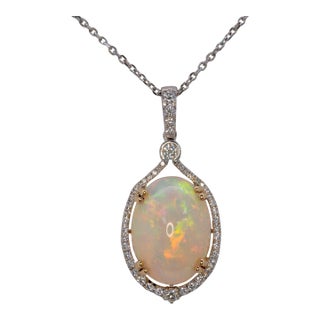 8.4Ct Ethiopian Opal Pendant With Earth-Mined Diamonds: Solid 14k Gold, 18x13mm For Sale
