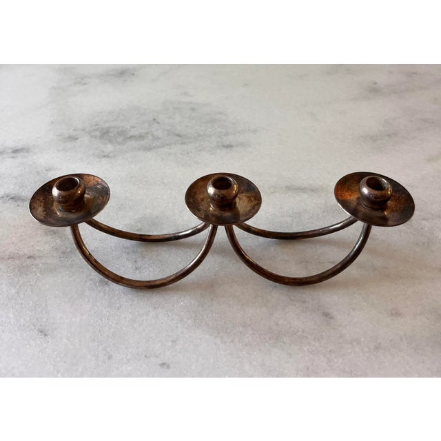 Vintage 1960s Berg of Denmark Mid-Century silver plated candle 3 arm stick holder. Piece holds 3 candles with modern...