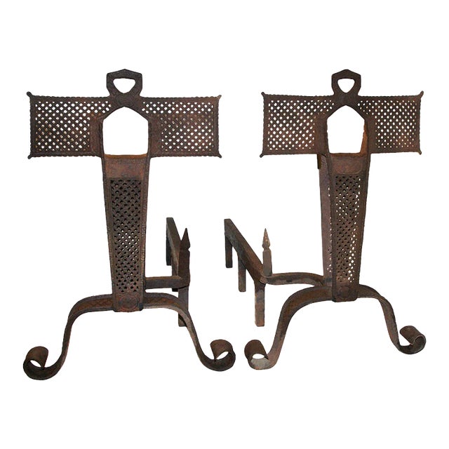 Andirons Antique With Perforated Metalwork - A Pair For Sale
