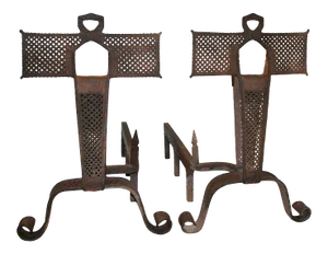 Andirons Antique With Perforated Metalwork - A Pair
