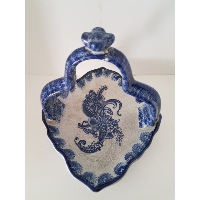 Mediterranean Vintage Baum Bros. Formalities Blue and White Crackled Glass Ceramic Basket For Sale - Image 3 of 7