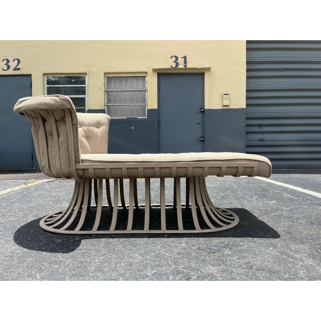 Russel Woodard Mid-Century Modern Aluminum Chaise, aluminum with beige finish, beige fabric upholstery. Chaise is not signed.