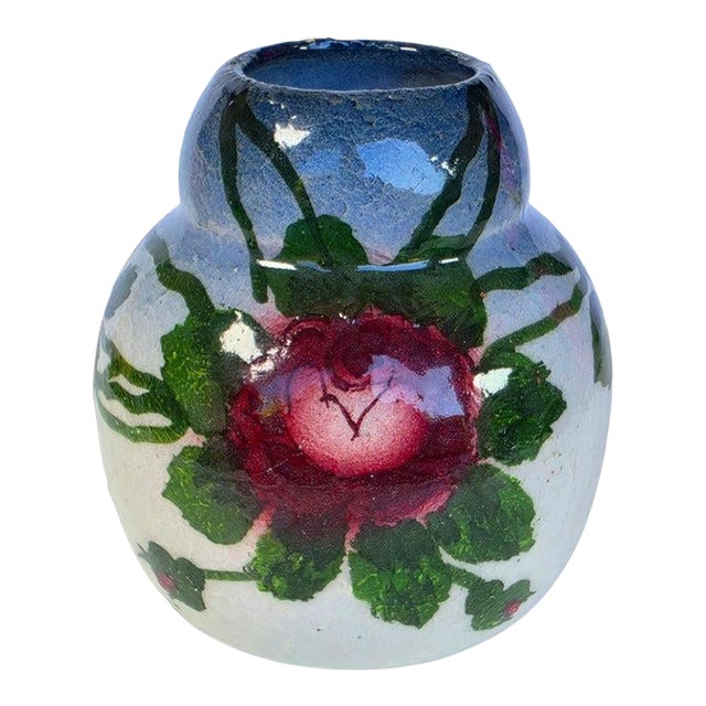 Vintage Hand-Painted Floral Art Pottery Petite Vase With Crazed Glaze For Sale