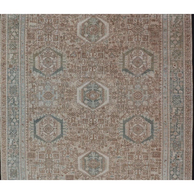Vintage Persian Heriz Rug With All-Over Medallion Design in Tan and Blues 9'4 X 12'10 For Sale - Image 11 of 14