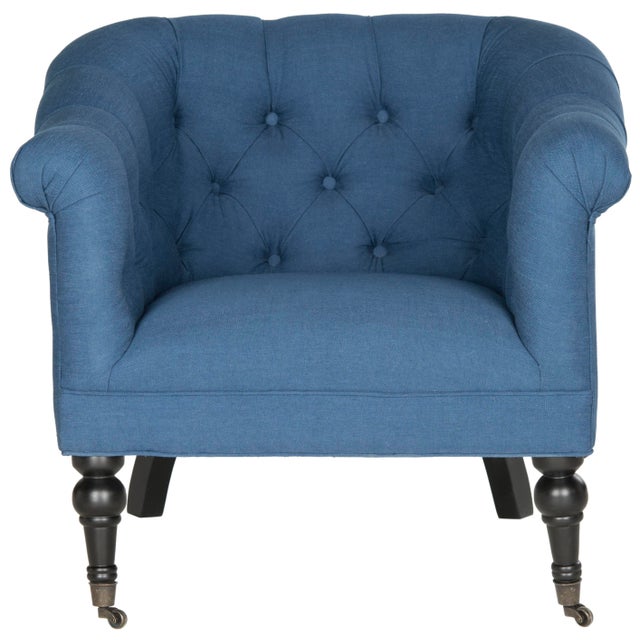 Wood Tufted Club Chair in Steel Blue & Black For Sale - Image 7 of 7