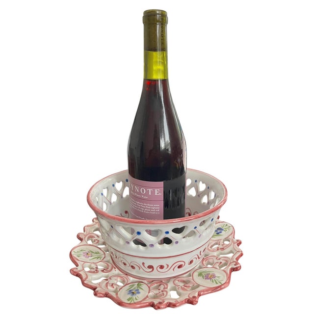 1980s Vintage Hand-Painted Portuguese Cachepot and Reticulated Underplate in the Style of Herend For Sale - Image 5 of 11