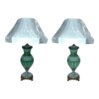 Emerald Green Hand Cut Hungarian Crystal Table Lamps - a Pair For Sale