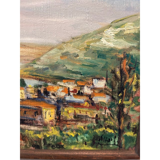 Wood Vintage Original Framed Oil Painting of Seaside Village For Sale - Image 7 of 9