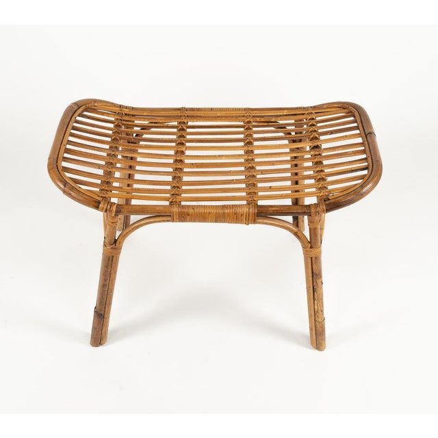 1960s Mid-Century Bench or Side Table in Rattan & Bamboo in the style of Tito Agnoli, Italy, 1960s For Sale - Image 5 of 18