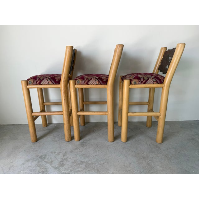 Vintage Rustic Southwestern Log Bar Stools With Metal Eagle Backrests – Set of 3 For Sale - Image 4 of 12