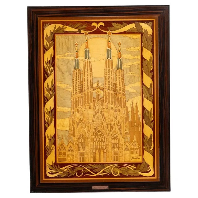 J. Ordoñez, Gaudí's Sagrada Familia, 1980s, Marquetry Wood Artwork For Sale - Image 11 of 11