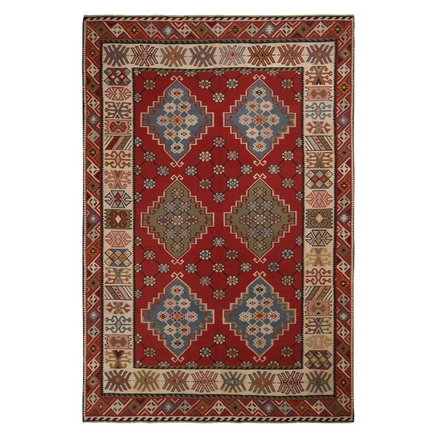 Antique Basra Burgundy and Beige Wool Kilim Rug For Sale