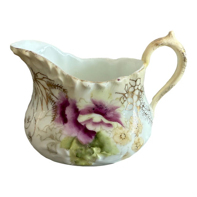 Antique Creamer Porcelain Transfer Ware Purple White Gilt Flowers For Sale
