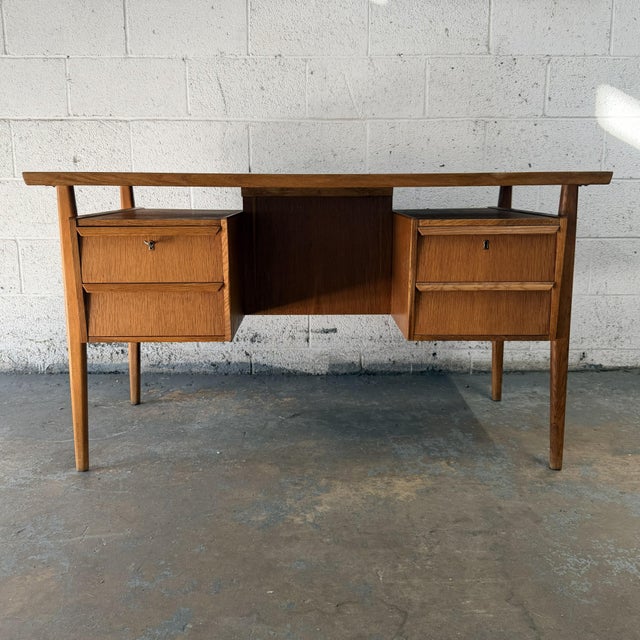 Mid-Century Modern Rare Vintage Danish Modern Floating Top Quarter-Sawn Oak Desk Gunnar Nielsen Tibergaard Attributed For Sale - Image 3 of 12