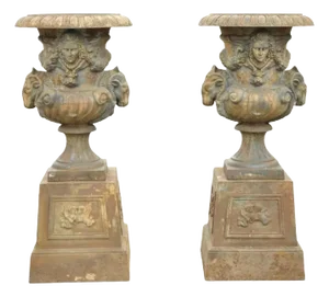 Mid 20th Century French Empire Regency Cast Iron Rams Head Garden Urn Planters - a Pair