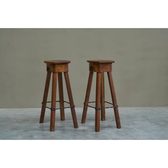 Mid-Century Bar Stools in Oak and Wrought Iron, 1940s, Set of 2 For Sale - Image 10 of 11