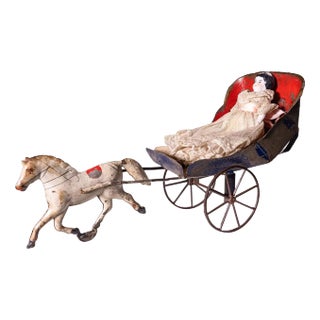 James Fallows & Sons Horse Carriage with Doll Antique Tin Toy Collectables Phila For Sale