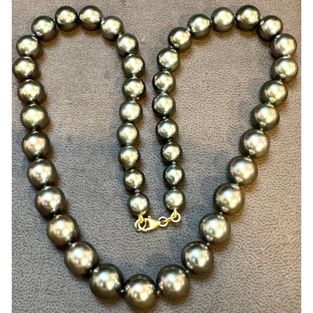 8-11.5 mm Tahitian Black Graduating Pearls Strand Necklace Yellow Gold Clasp 18K For Sale - Image 18 of 18