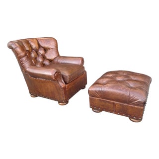 English Chesterfield Style Tufted Leather Armchair & Ottoman For Sale
