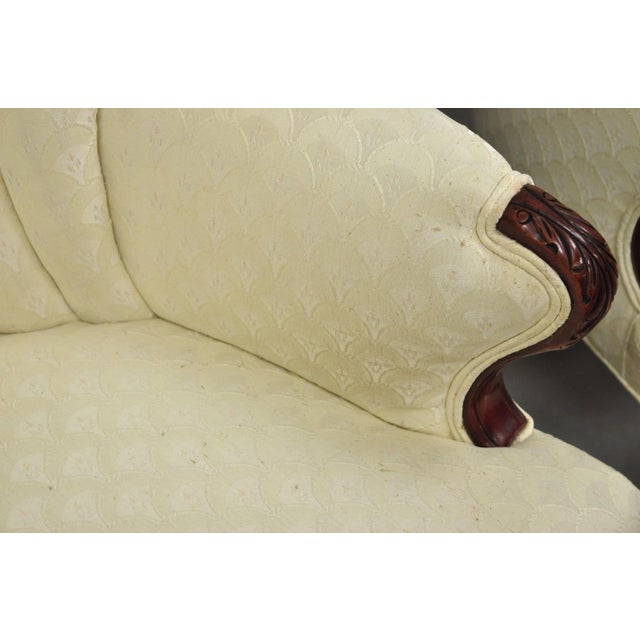 Vintage French Art Deco Style Channel Wingback Mahogany Lounge Arm Chairs - Pair For Sale - Image 10 of 16