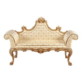 Italian Antique Gilt Carved Upholstered Bench With Floral Fabric For Sale