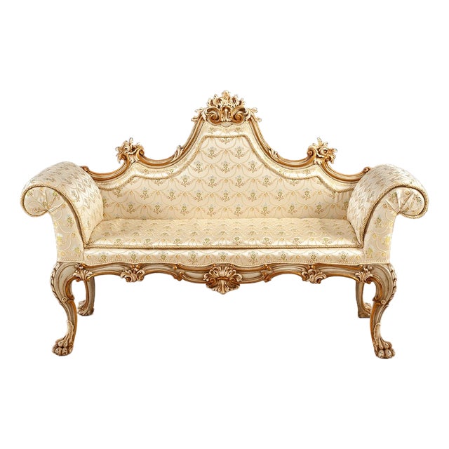Italian Antique Gilt Carved Upholstered Bench With Floral Fabric For Sale