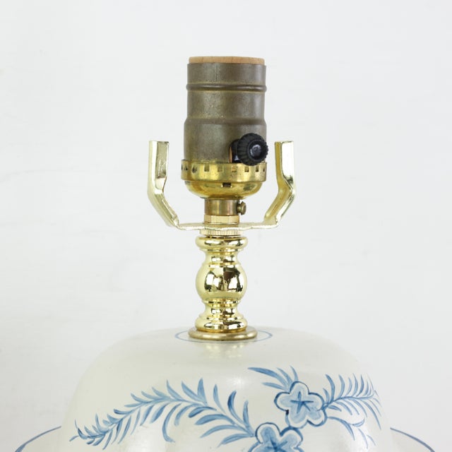 Pair of Vintage Hand Painted Blue and Cream Ceramic Ginger Jar Table Lamps With Deer and Floral Folk Art Design For Sale - Image 11 of 15