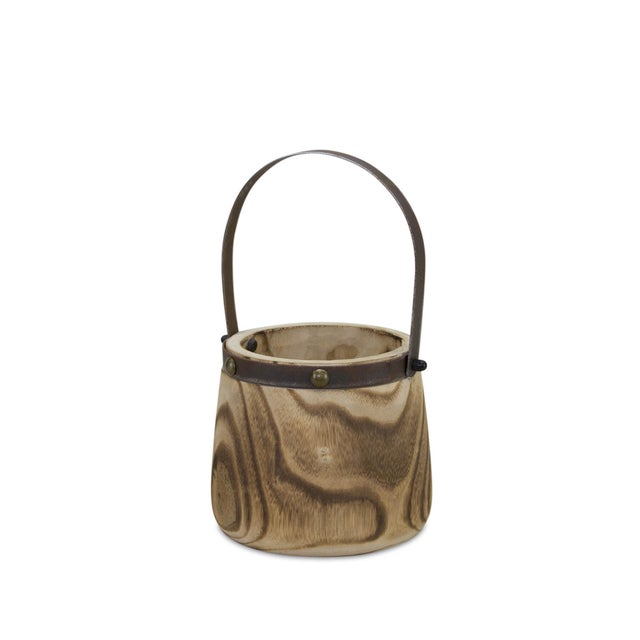 2020s Natural Wooden Pail Planter with Metal Handle Accent (Set of 2) For Sale - Image 5 of 5