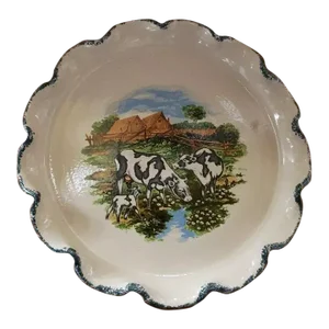 1970s Casey Pottery Handmade Pie Plate With Cow Motif, Made in Marshall, Texas