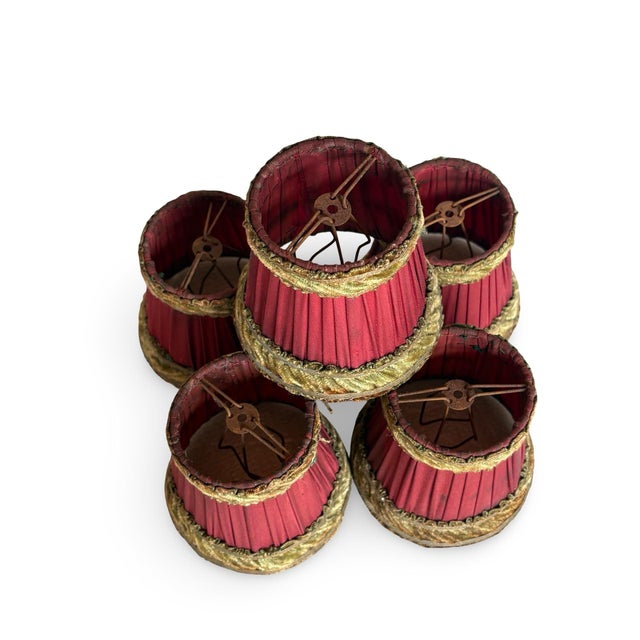 Antique French Raspberry Silk Boudoir Lampshades With Gold Chenille Trim - Set of Five For Sale - Image 4 of 9