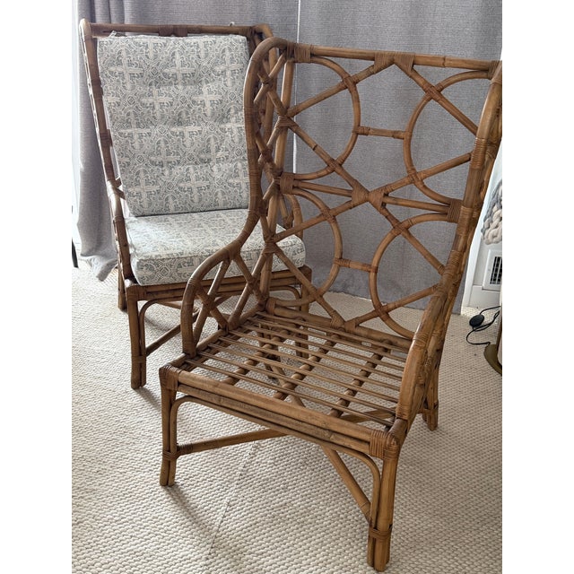 Wood Natural Rattan Wingback Watson Chair, Upholstered, 2 Available For Sale - Image 7 of 8