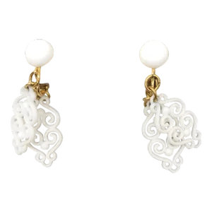 Vintage Signed Napier White Resin Filigree Drops Clip Earrings - 2 Pieces