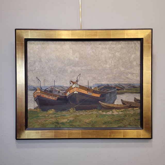 Gerard Beutner, Boats Moored on the Shore, 1920s, Oil on Canvas, Framed For Sale - Image 3 of 18